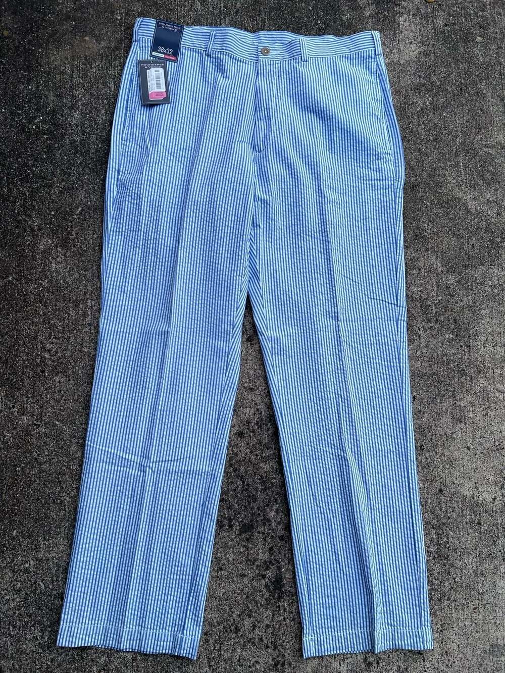 Roundtree & Yorke Seersucker Pants Size 38x32 Blue White Striped Flat Front